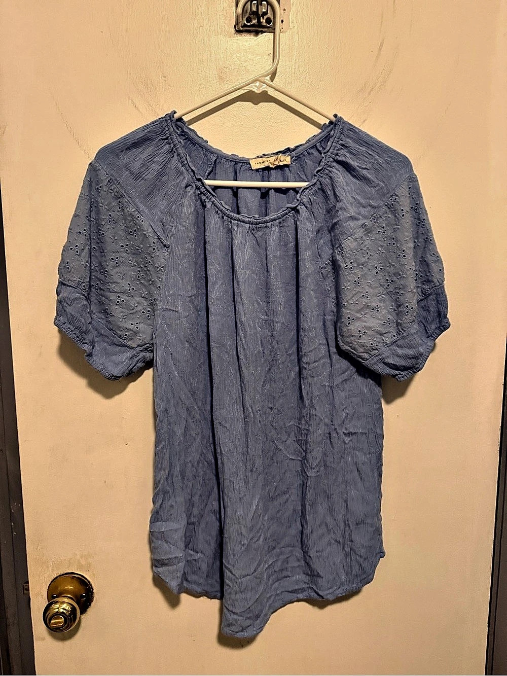 Farmers Market Short Sleeve Blouse in Blue Size Large